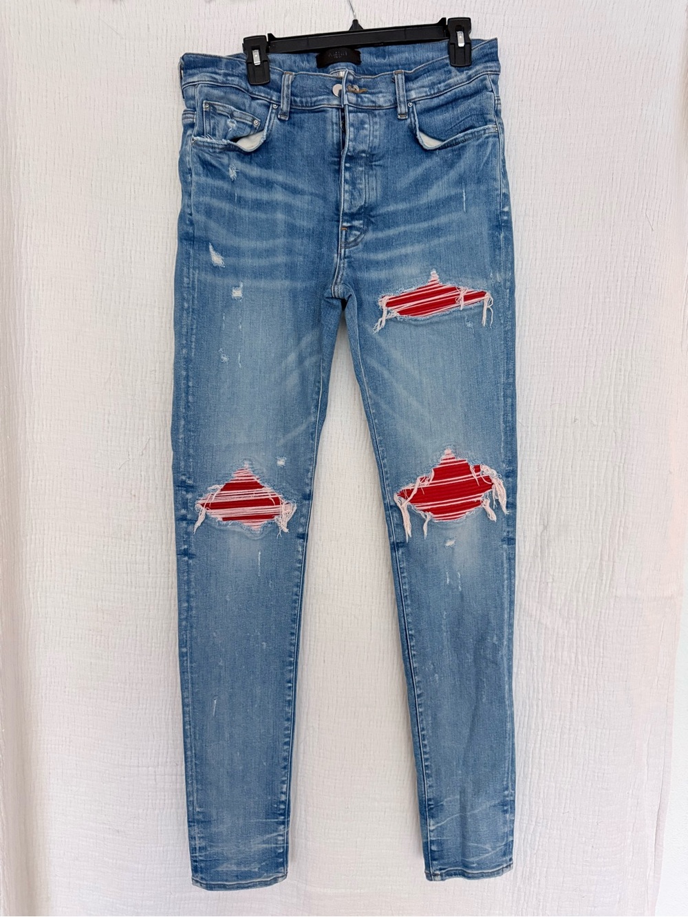 AMIRI MX1 Red Bandana Patch Distressed Jeans Light Indigo Size 34